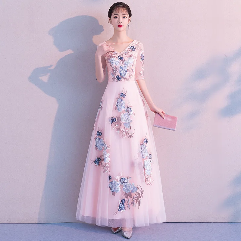 Pink A Шампанское v-образным вырезом азиатское длинное платье Vestidos Чино Восточный Ципао вечернее платье Классические Вечерние платья оверсайз Oversize - Цвет: Pink A