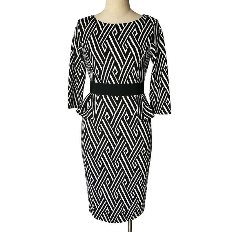 Barsei Новые Женщины Урожай Ретро Черный Белый Полный Рукав OL Dress Геометрические