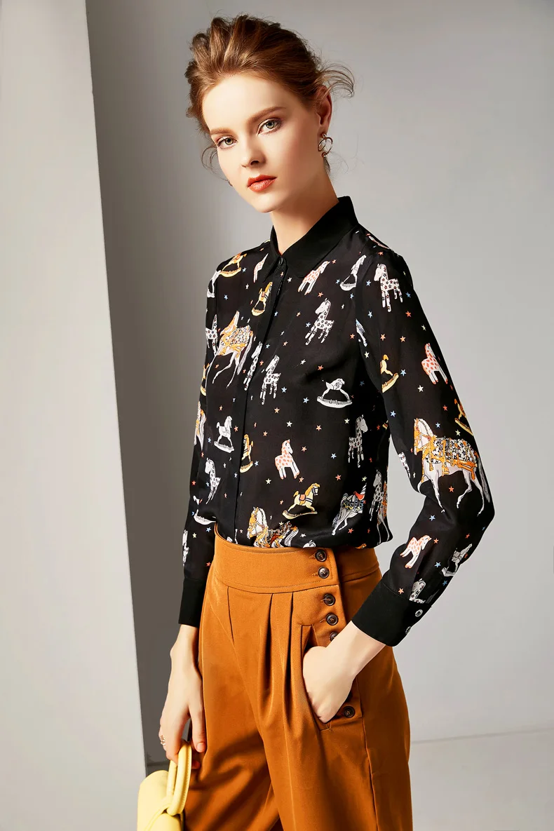 100% Pure Silk Women's Runway Shirts Turn Down Collar Animals Cartoons Printed Fashion |