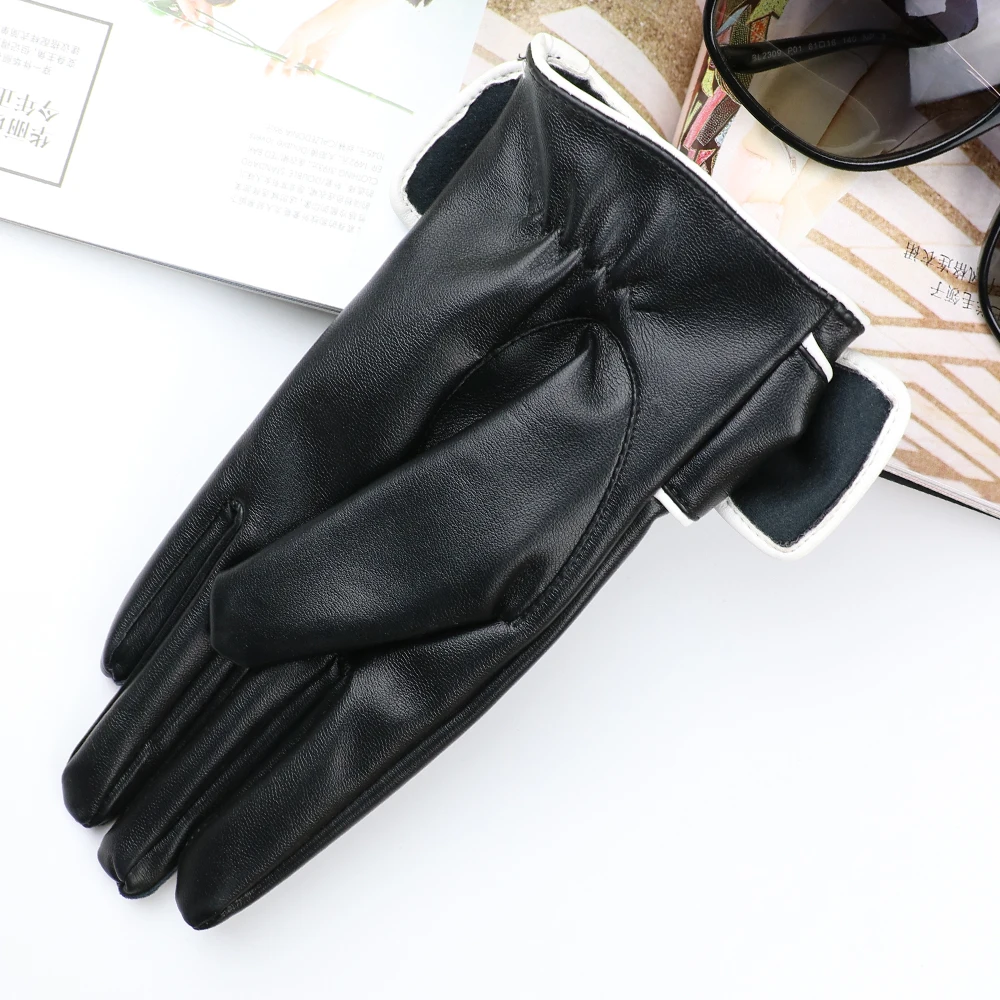 Short Gloves For Women Fashion White Border Bow PU Leather Black Female Winter Warm Velvet Touchscreen | Аксессуары для одежды