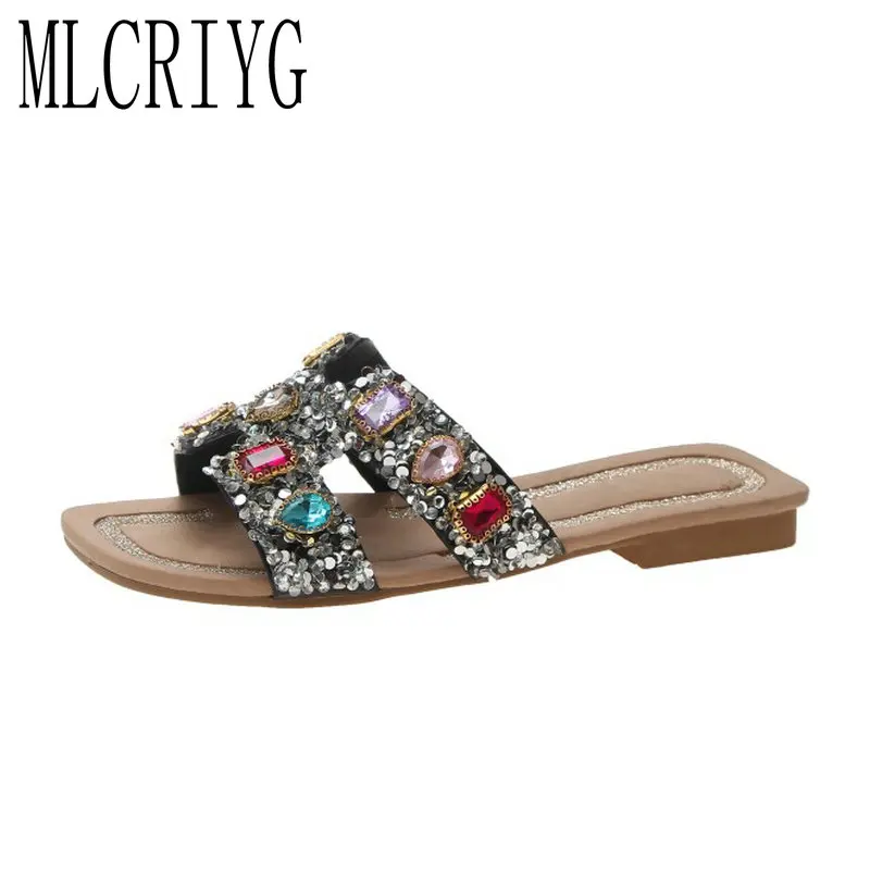 2019 г. Новые модные летние женские тапочки на низком каблуке с кристаллами