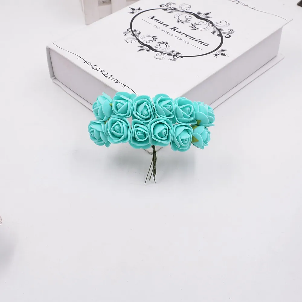 Tiffany Blue 12 шт./лот, искусственный цветок розы, 2 см, кружевной Поролоновый букет роз для свадьбы, домашнего декора, сделай сам, гирлянда, роза, аксессуары в виде мишки - Цвет: Tiffany Blue