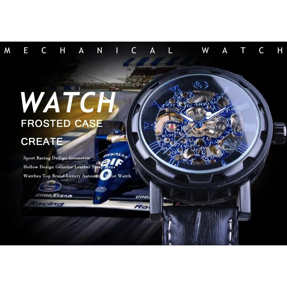 Мужские часы с синим циферблатом Forsining скелетоны кожаным ремешком|clock brand|clock