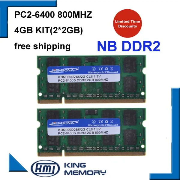 KEMBONA 800Mzh 4GB (Kit of 2 2G) DDR2 PC2-6400S 1.8v 200 pins So-DIMM Memory Module Ram Memoria for Laptop / Notebook