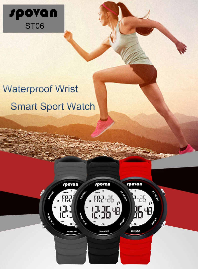 Spovan, цифровые спортивные часы для мужчин, будильник, Bluetooth, фитнес, здоровье, умные наручные часы, задний светильник, водонепроницаемые, 5 бар, черные часы, подарок
