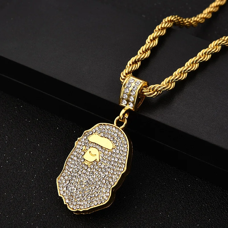 Fashonable Популярные Логотип bling Сплав ape глава кулон в стиле хип хоп цепочки и ожерелья плотный алмаз Подлинная