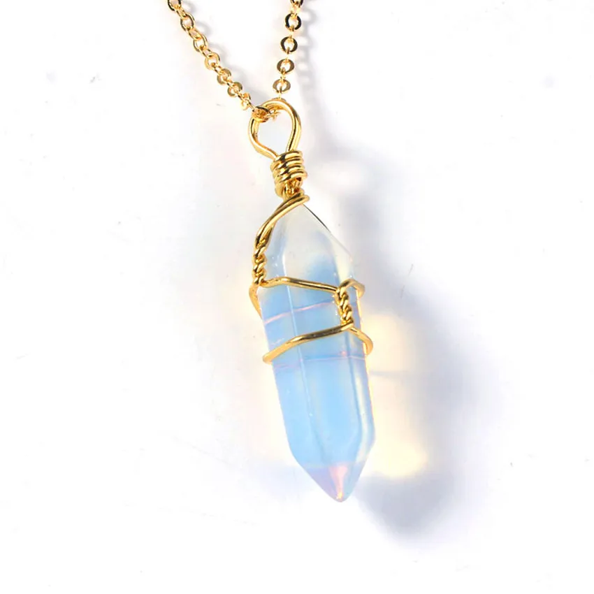 Trendy-beads Light Yellow Gold Color Wire Wrap Hexagon Column Pendant Opalite Opal Necklace |