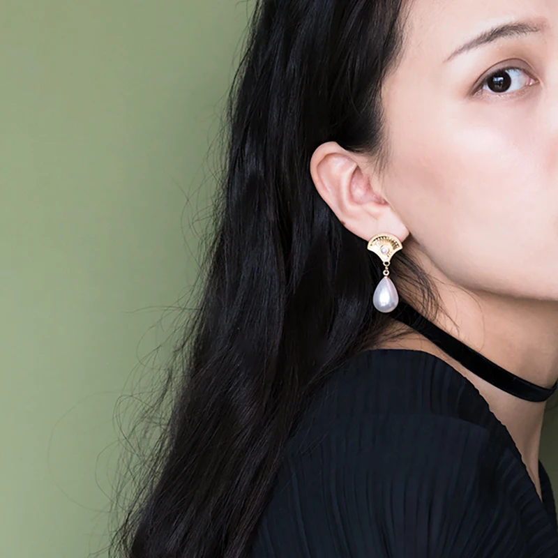 SRCOI Gold Alloy Fan Water Drop Faux Pearl Earrings Dangle Korean Elegant Long Women Girls Party Wedding Bride | Украшения и