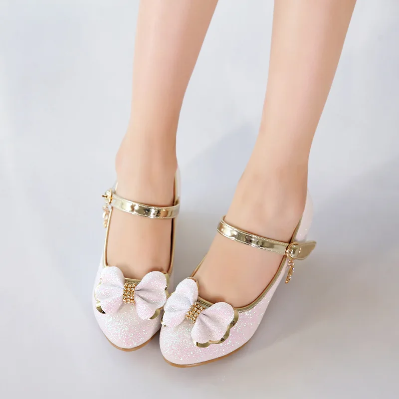 Туфли лодочки с блестками и бантом на низком каблуке|kids mary janes|children dress shoesgirls kids shoes