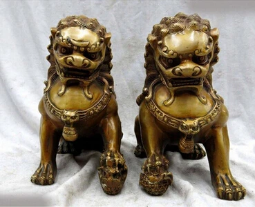 

Antique bronze Pure Copper Brass 8 " China bronze de cobre guarda par escultura Foo Dogs Lions