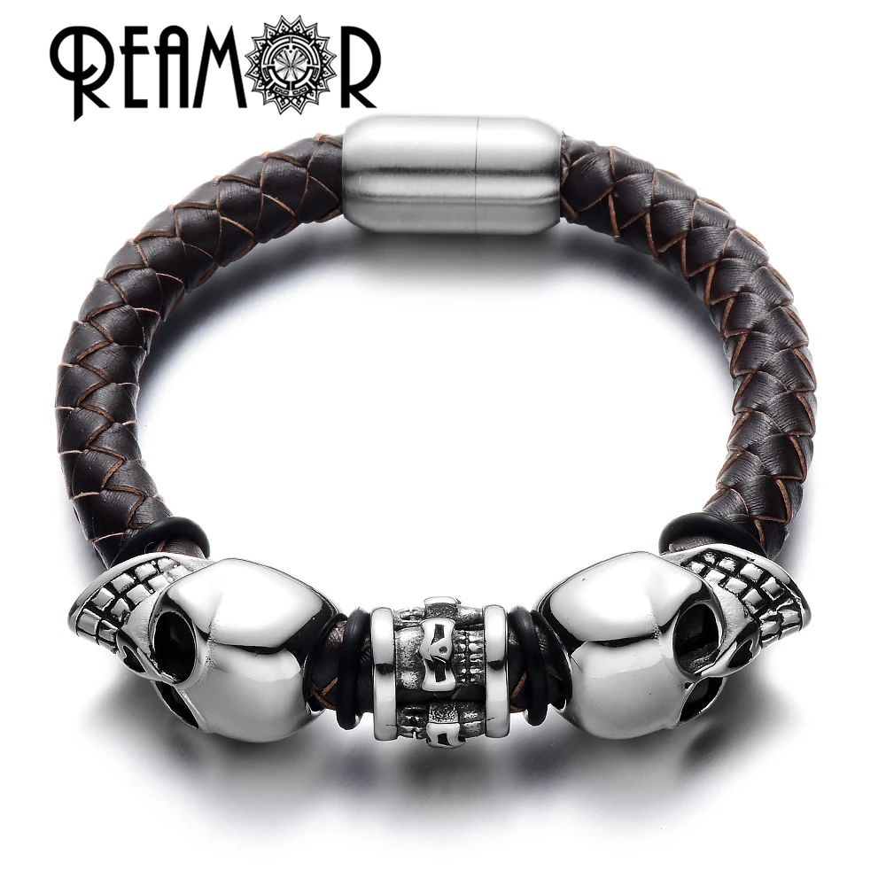 Мужской браслет из натуральной кожи с черепом в стиле панк|bracelet magnetic clasp|leather charm