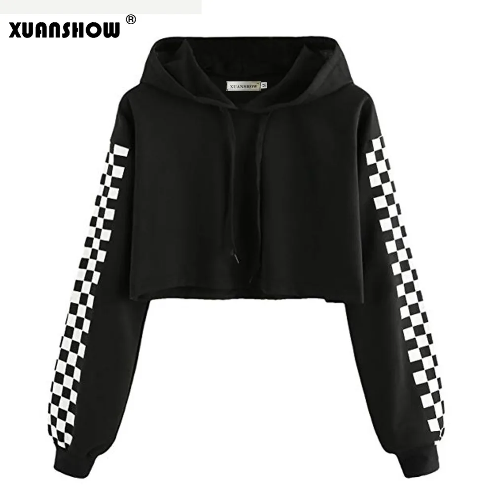 XUANSHOW короткий топ с длинным рукавом, белая клетчатая Женская толстовка с капюшоном, осень, Новое поступление, короткие пуловеры, толстовки Moletom