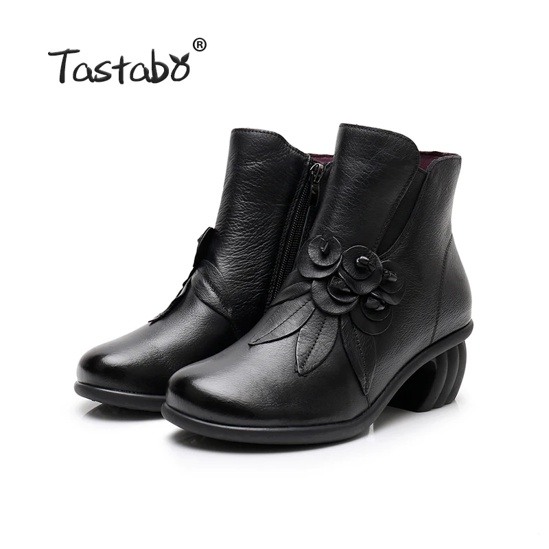 Black Tastabo/Женская обувь черного цвета; Женские ботинки в стиле ретро на квадратном каблуке; ботинки ручной работы; женские модные туфли из мягкой натуральной кожи на плоской подошве с цветочным принтом - Цвет: Black