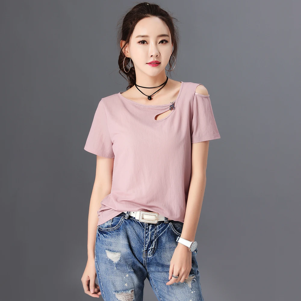 

2019 Summer new short-sleeved t-shirt female loose hollow shoulders brand t shirt women fashion casual tops tshirt girl chemise