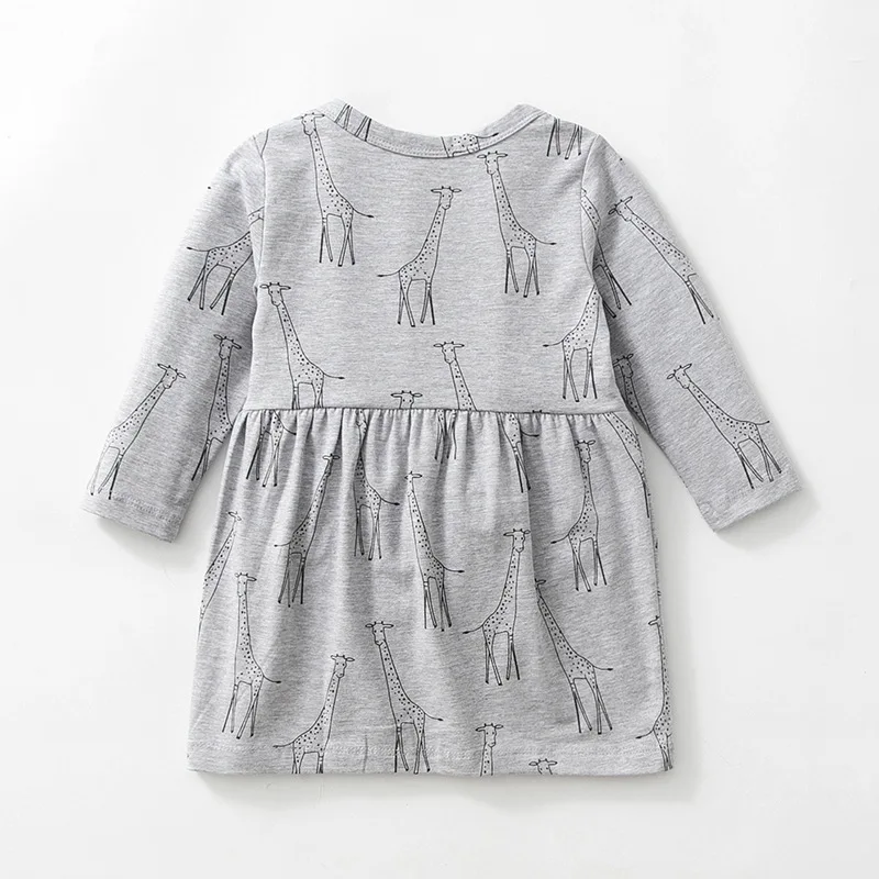Little Maven Spring Autumn New Full-Sleeved Grey Giraffe Printed O-neck 1-6yrs Pocket Knitted Cotton Girls Casual Dresses | Детская