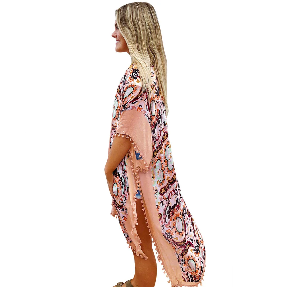 Floral Printed Deep-V Batwing Half Sleeves Waisted String Chiffon Bikini Cover-ups Swim Beach Dress Tunic Blouse Swimsuit Pareo