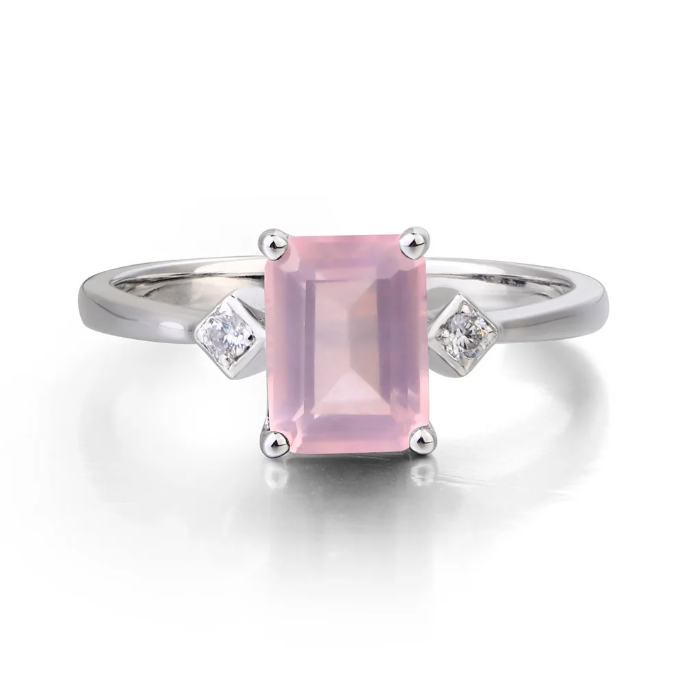 Leige Jewelry Natural Pink Quartz Ring Cocktail Party Gems Emerald Cut Gemstone 925 Sterling Silver for Girls | Украшения и