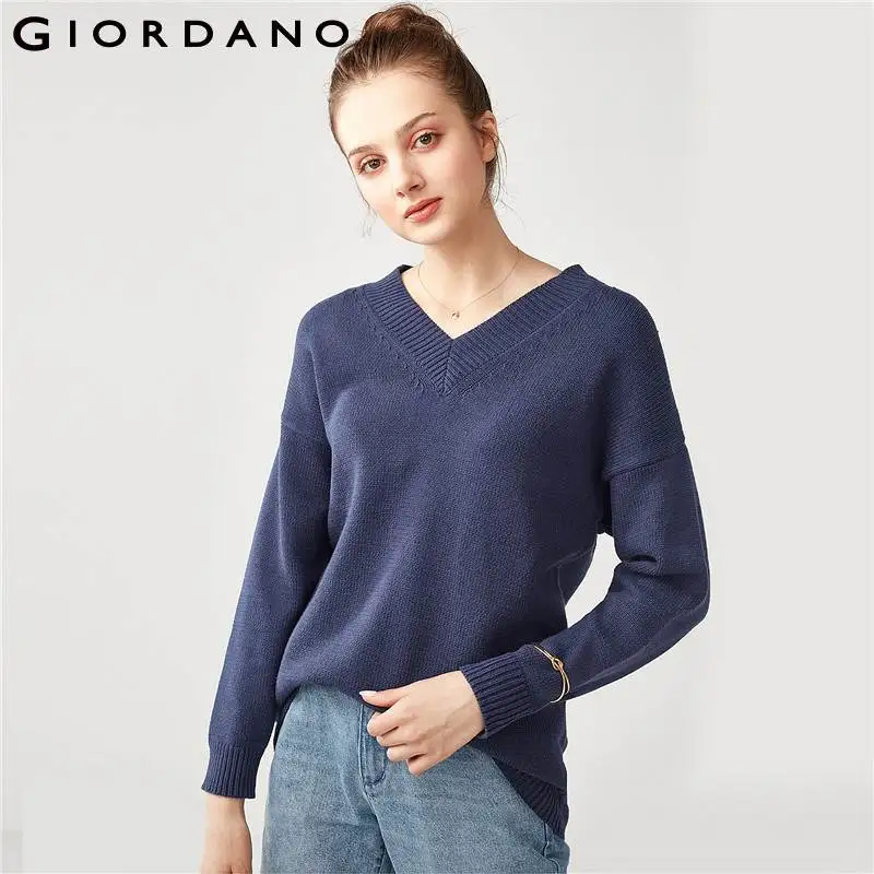 Giordano Women Pullover Sweater Ribbed V Neck Loose Cutting Long Sleeve Cuffs Pull Femme Stylish | Женская одежда