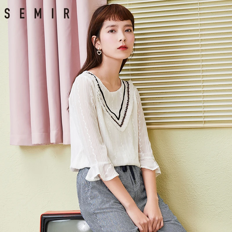 Semir рубашки блузка для Для женщин 3/4 Flare рукавом 2018 Винтаж белый цвет опрятный