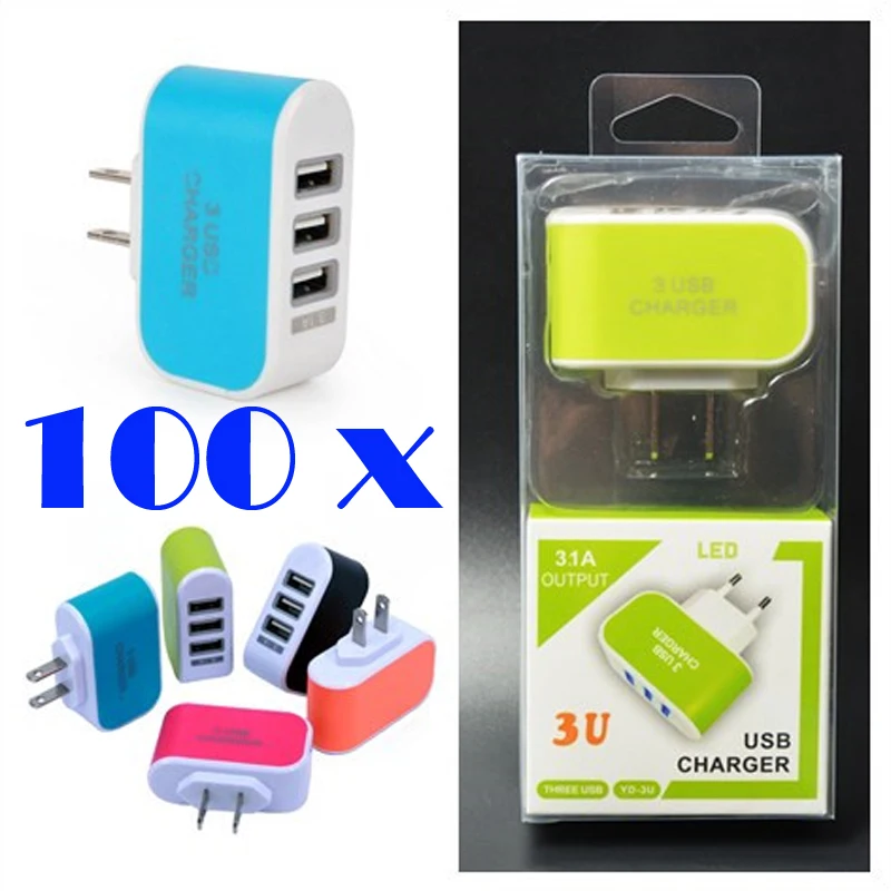 100 PCS 3 USB мобильного Зарядное устройство 3.1A ЕС США светодиодные стены дома S AC Plug
