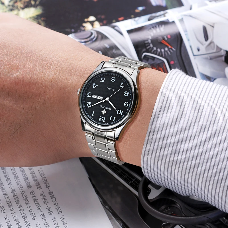 

WWOOR Brand Luxury Men Watches Day Date Analog Quartz Men Wristwatch Male Waterproof Silver Stainless Steel Business Wrist Watch