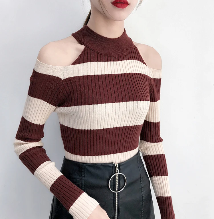 Sueter Mujer,, водолазка, сексуальный, с открытыми плечами, свитера, пуловеры, Pull Femme, длинный рукав, свитер в полоску, женская зимняя одежда