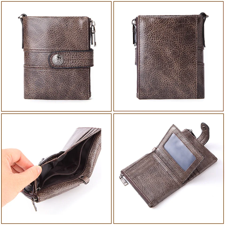 GENODERN Double Zipper Men Wallet of Hasp Design Genuine Leather Short Wallet for Men with Coin Pocket New Male Purse