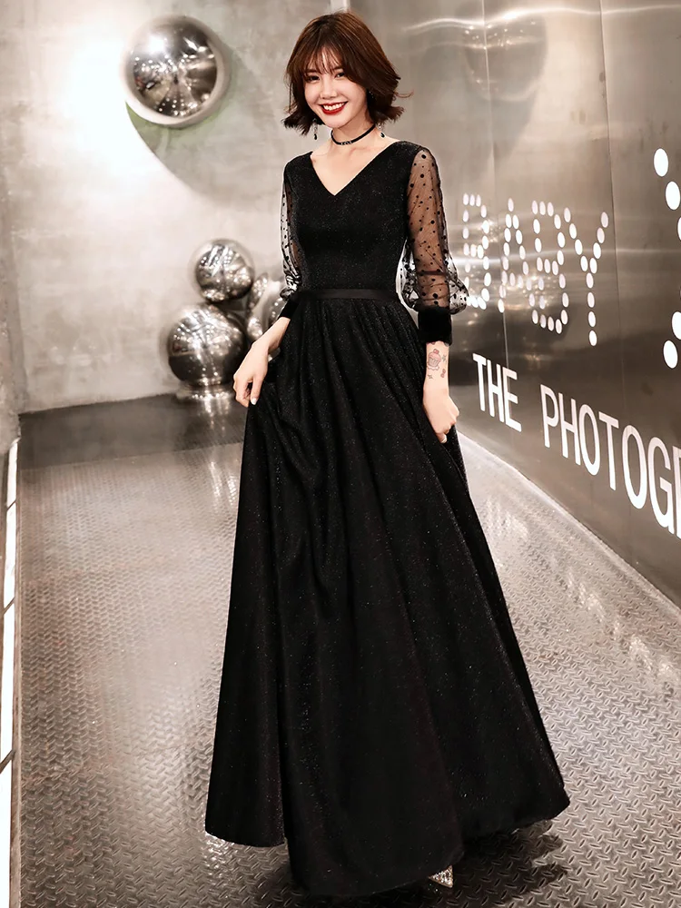 Robe De Soiree блестящее вечернее платье с длинными рукавами Черное в пол v образным