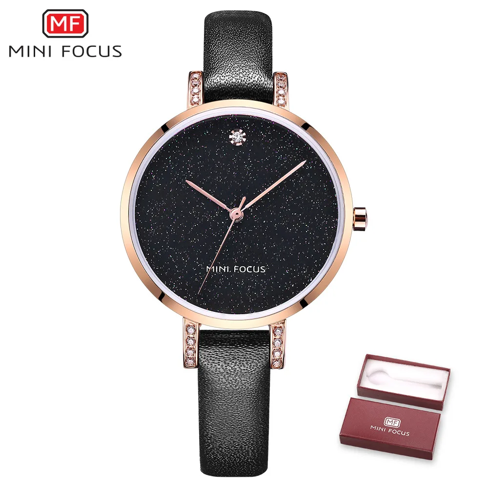 Rose Gold Black MINIFOCUS модные роскошные блестящие Стильные Золотые часы для женщин, кожа, ультра тонкий циферблат, женское платье, часы, relogio feminino reloj - Цвет: Rose Gold Black
