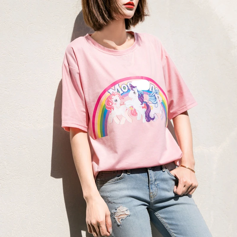 Женская футболка с коротким рукавом свободная принтом радужного единорога