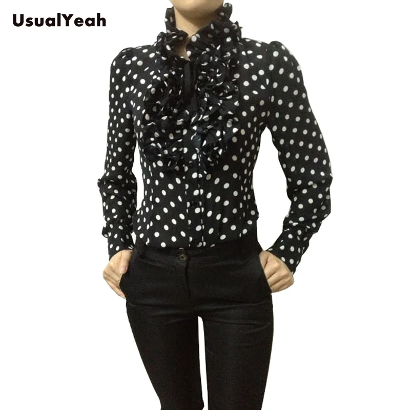 Женская шифоновая блузка в горошек с воротником стойкой и оборками|blouse tops shirt|blouse