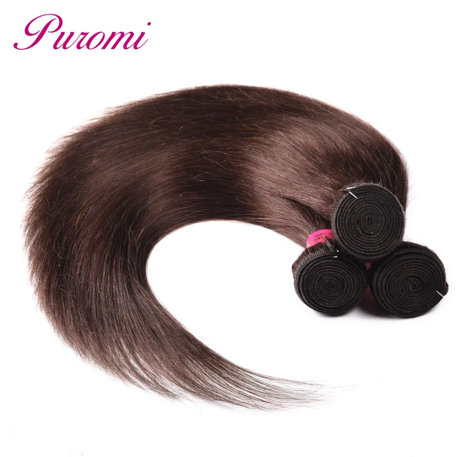 Puromi Indian Straight Hair 3 Bundles with Closure Dark Brown Pure Color #2 100% Human Non-Remy Free Shipping | Шиньоны и парики