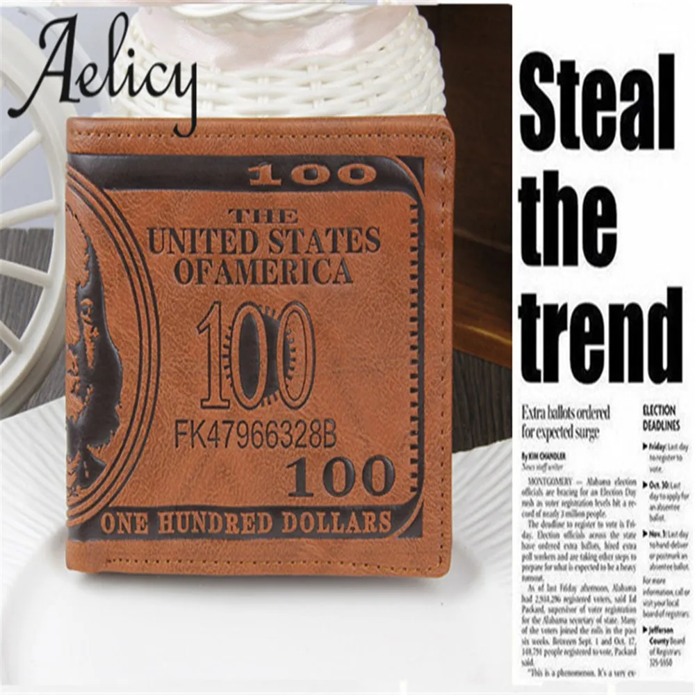 Aelicy, лидер продаж, модные мужские кошельки с узором в виде доллара США, Коричневый мужской кошелек из искусственной кожи, двойной кошелек для кредитных карт