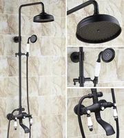 black oil rubbed brass dual ceramic handles bathroom 8 inch round rain shower faucet set bath tub mixer tap hand shower mhg122