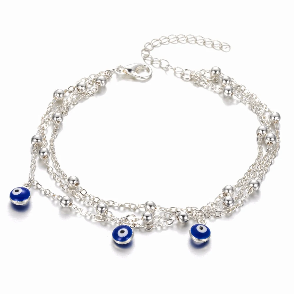 Silver Color Богемные мульти слоистые бусины лодыжки браслет для женщин ноги цепи синий сглаза Кулон ножной браслет Летний пляж ноги ювелирные изделия - Окраска металла: Silver Color