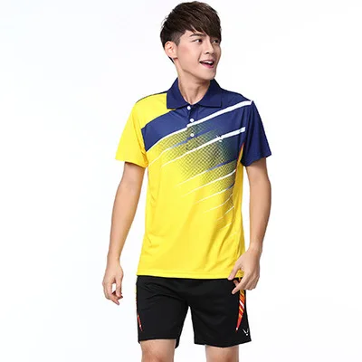 Male A9817 yellow Новая футболка для бадминтона+ шорты футболки для пары для игры в настольный теннис, футболка, дышащая быстросохнущая Мужская/Женская теннисная футболка с поездами - Цвет: Male A9817 yellow