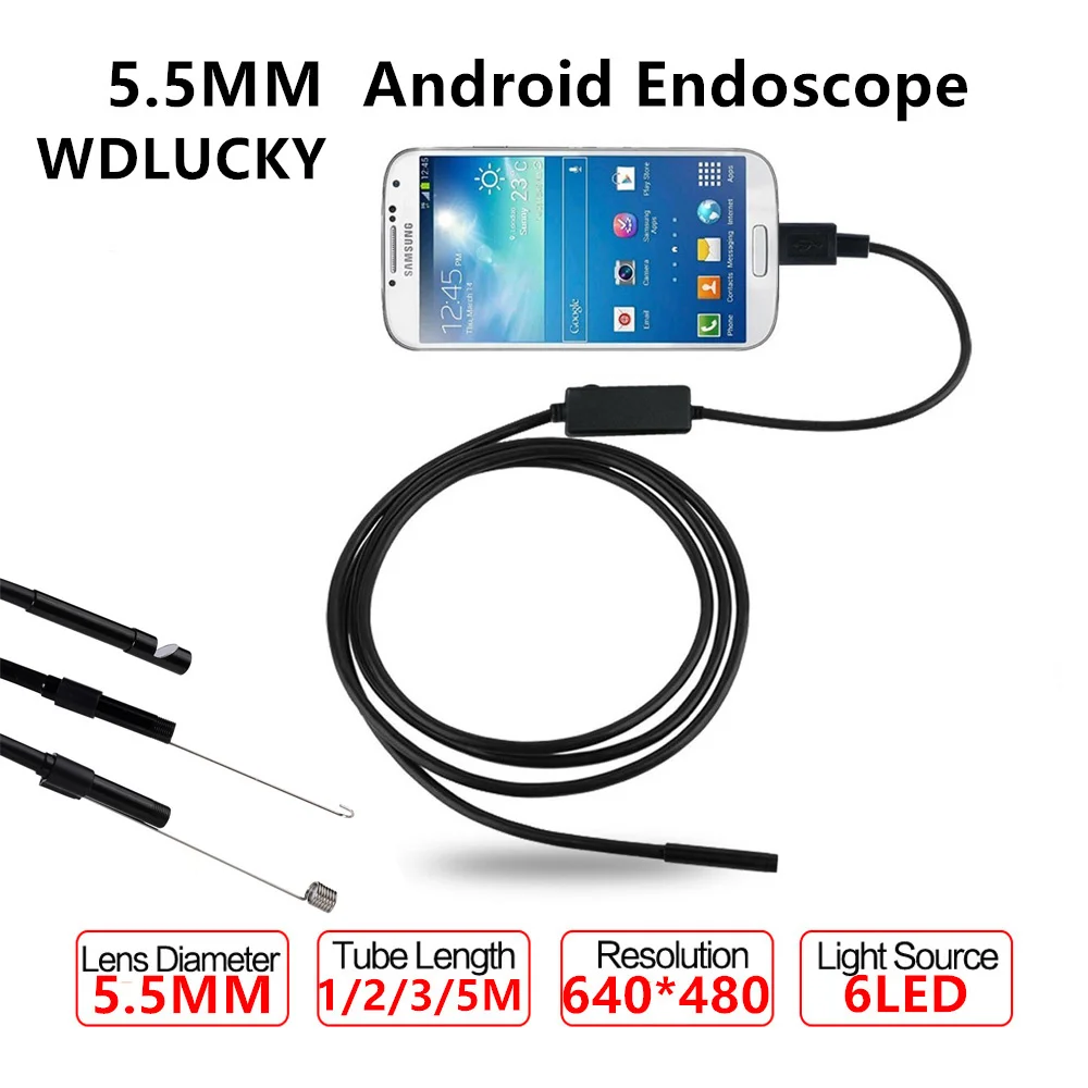 Wdlucky USB эндоскопа 5.5 мм 6 светодиодных IP67 Водонепроницаемый Micro Камера Android 1 м/2 м/ 3