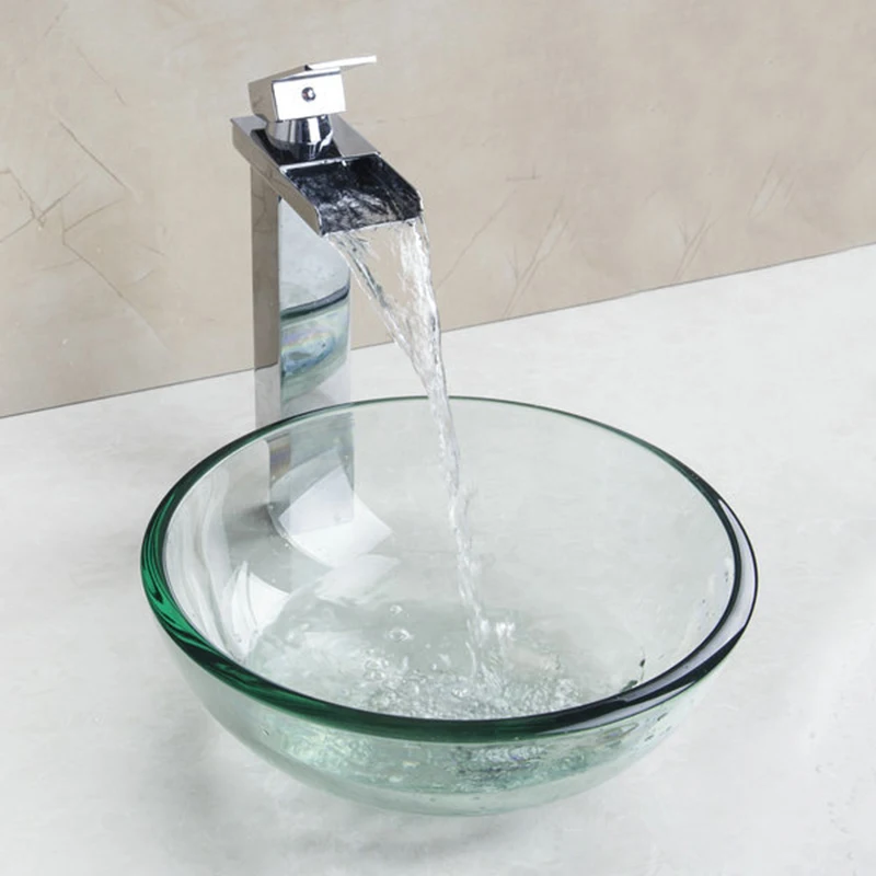 KEMAIDI Contemporary Transparent Tempered Glass Round Wash Basin Vessel Sink With Chrome Bathroom Faucet Set&ampDrain | Обустройство