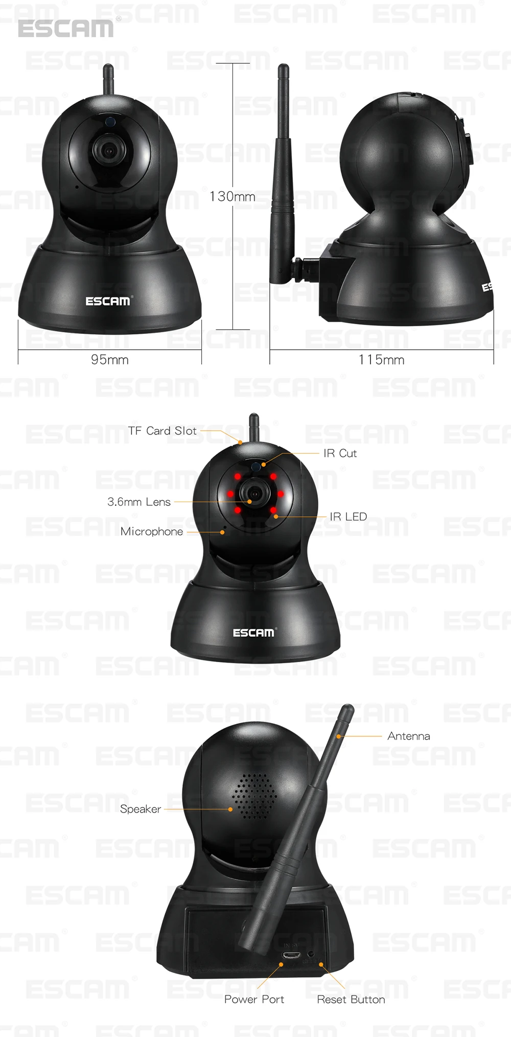 ESCAM QF007 1MP 720P WiFi ИК сигнализация панорамирование/наклон ip-камера поддержка 64G TF карта для Android iOS смартфонов и компьютеров