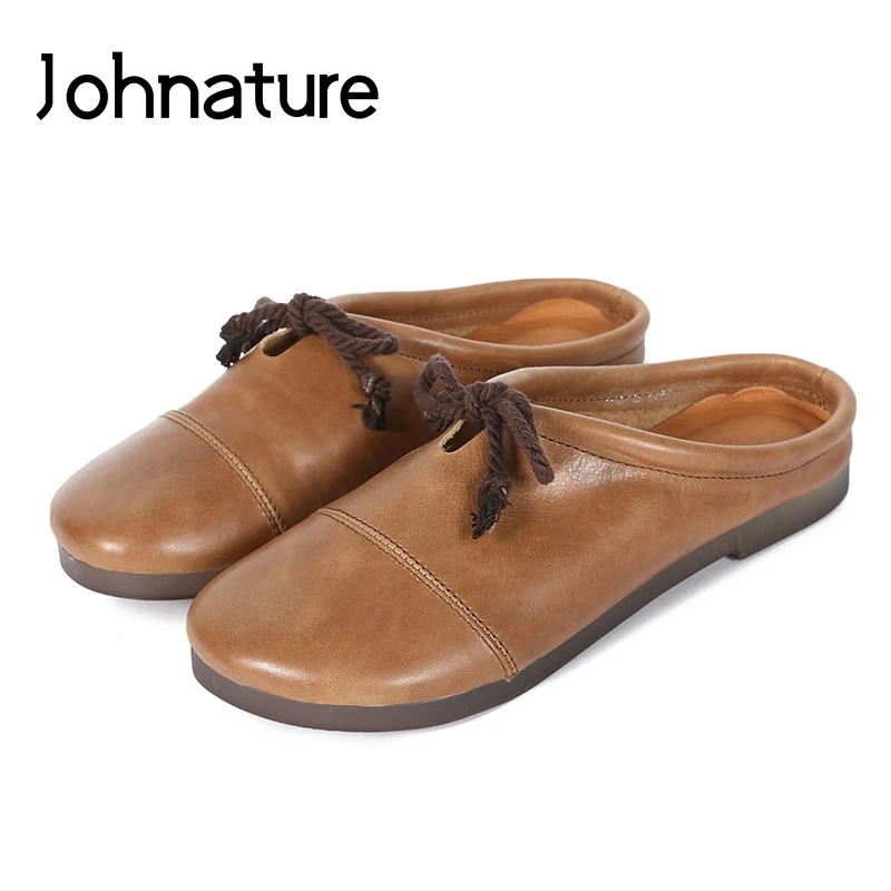 Johnature/Новинка 2020 года летние домашние тапочки из натуральной кожи с круглым