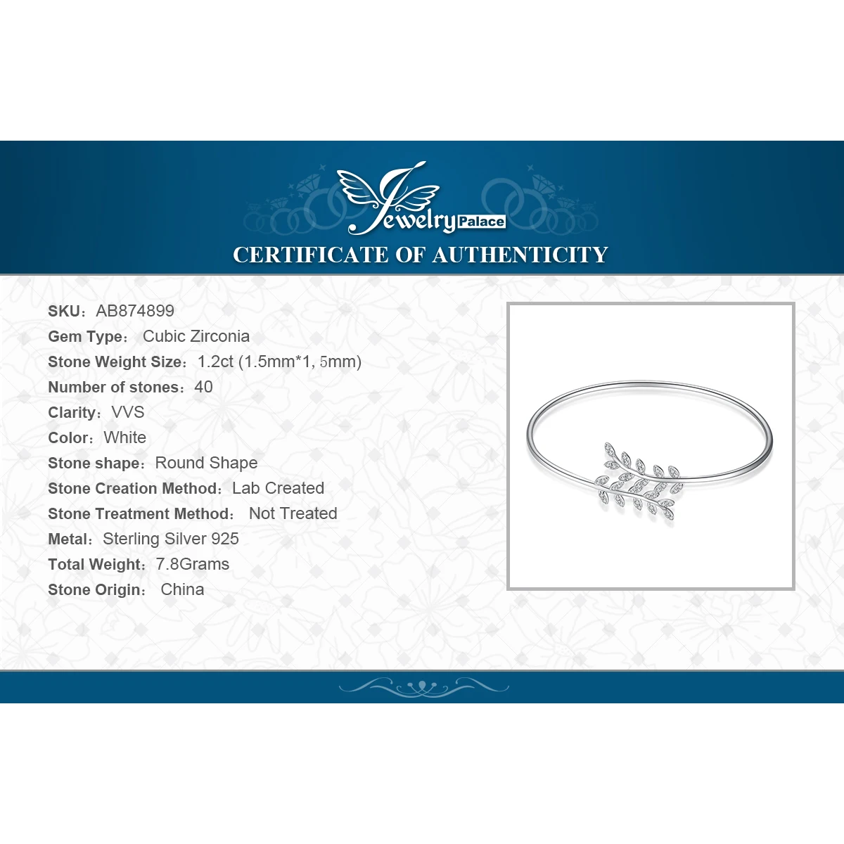 JewelryPalace листьев 1.2ct кубический цирконий Регулируемый Браслет манжета 925