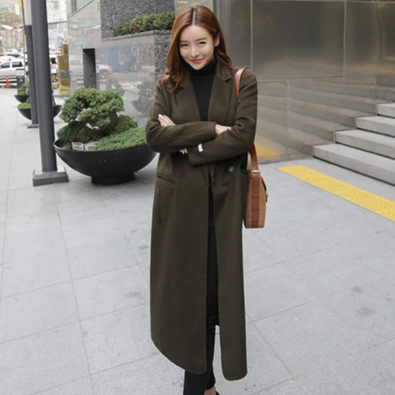 

XUXI Spring-Autumn-Winter Women Casual Trench With Blend Wool Oversize Long Coat With Belt Cashmere Femme Coat Outerwear FZ537
