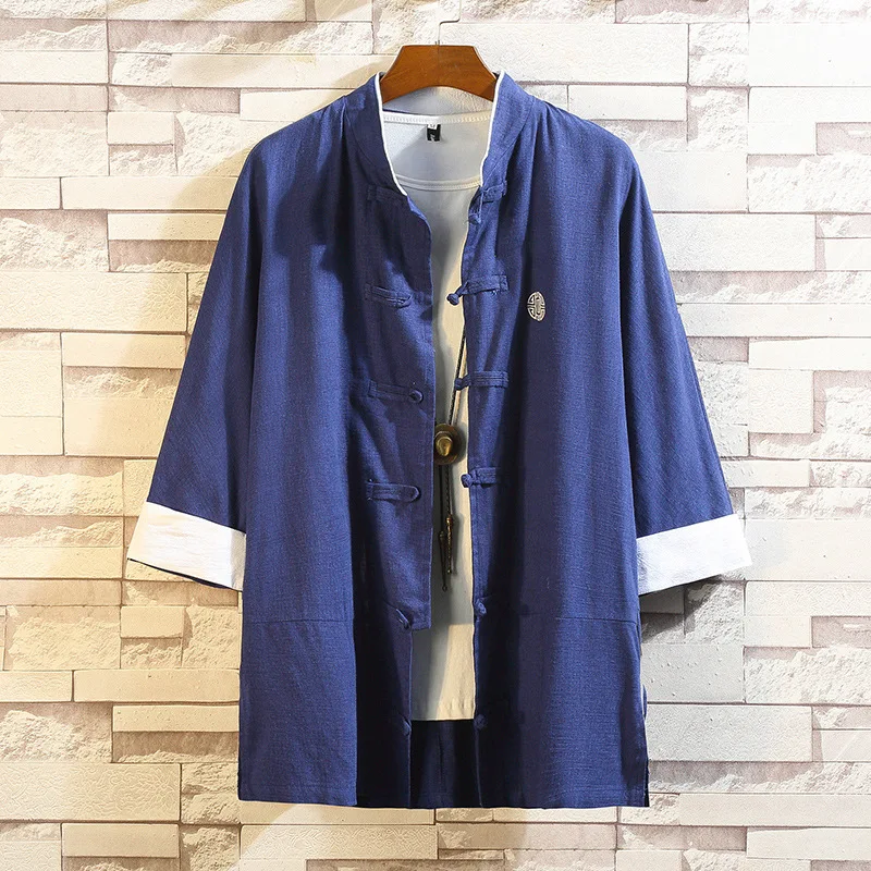 

Men's stylish Chinese style gonfu 80s brand jacket seven-minute sleeves new cotton linen disc button down summer top clothes