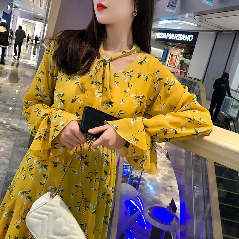 2019 Весенние Новые Шифоновые Платья с цветочным принтом длинными расклешенными