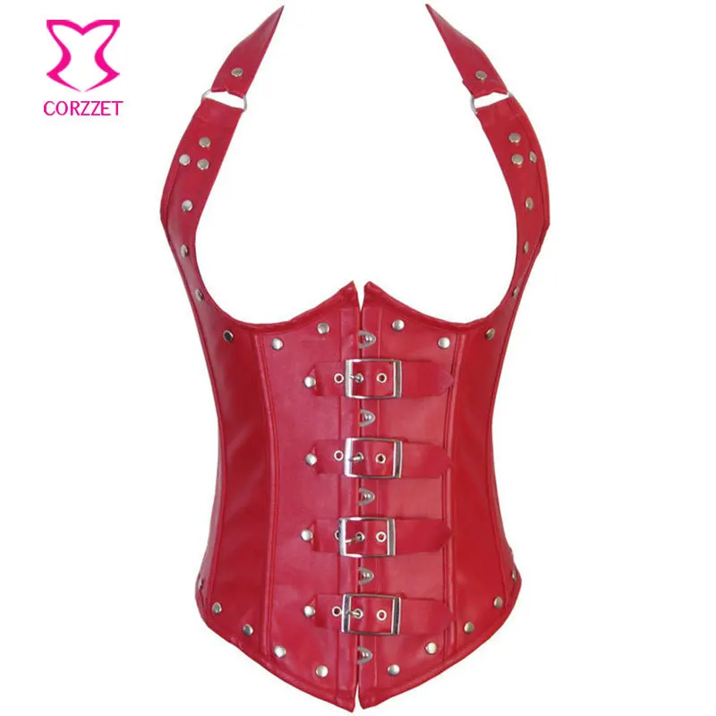 Женский корсет из искусственной кожи Черный с лямкой на шее подгрудной талией