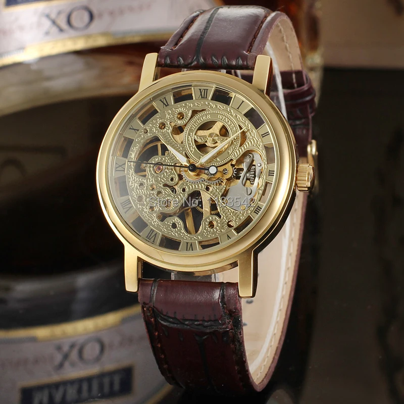 Механические часы winner для мужчин черный кожаный ремешок бесплатная доставка