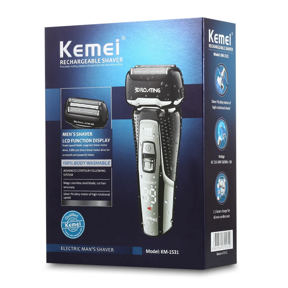 Kemei моющаяся электробритва Интеллектуальный светодиодный дисплей Бритва для