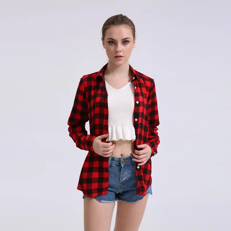 Dioufond Новая мода 2018 женская блузка с длинным рукавом в клетку женские удобные