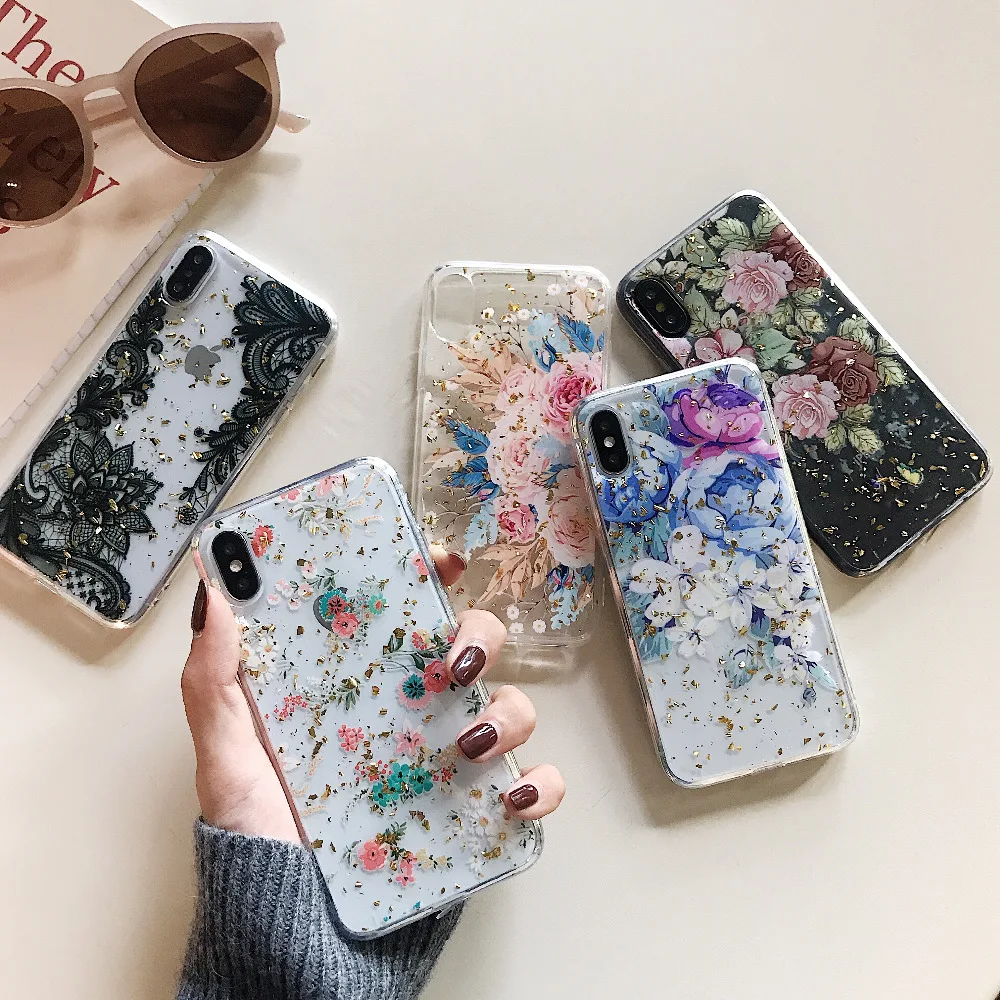 

Qianliyao Gold Foil Flowers Phone Cases For iphone 12 X XS Max XR 8 7 6S 6 Plus Slim Clear Soft TPU Back Cover Lace Floral Cases