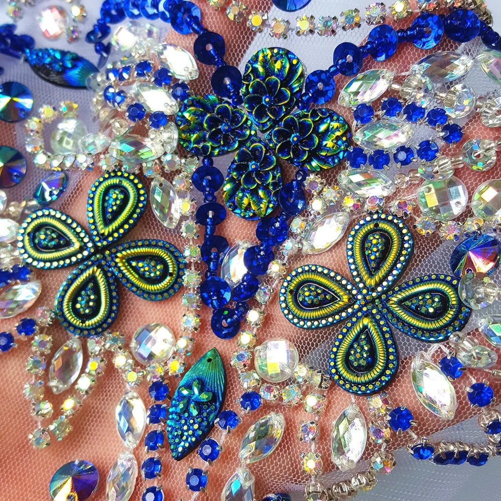 

SEQUINS Patches Sew on Blue AB Crystal Rhinestones Applique Designer Trim 14x33cm Wedding Belt Waist Decoration For Clothes Diy